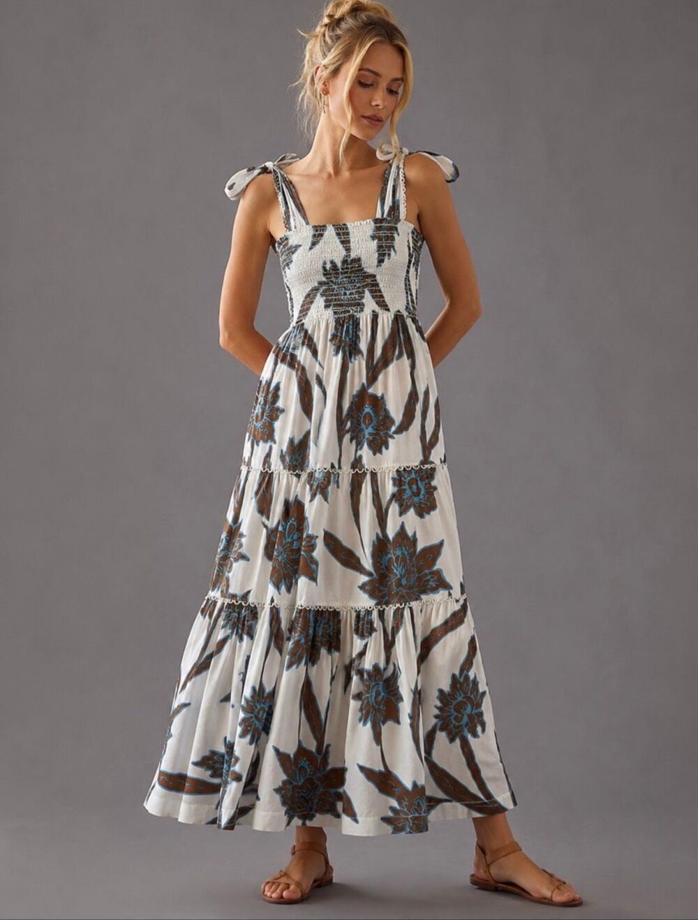 Omika Lana Maxi Dress Large Ivory Brown Floral Print Smocked Anthropologie Boho